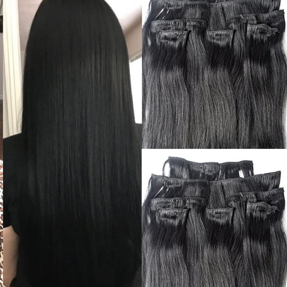 18" 100% Clip in Human Hair Extensions 7Pcs,14 clips # 1